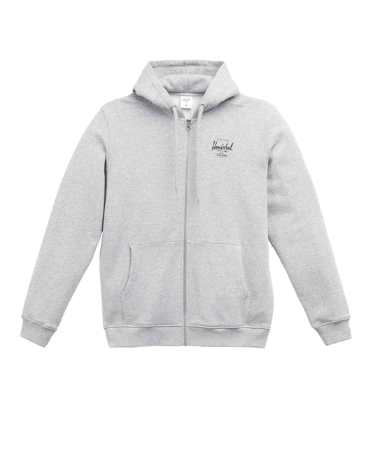 Açık Gri Melanj - Siyah Herschel Basic, Logo Baskılı Erkek Pamuk Fermuarlı, Kapüşonlu Sweatshirt, Ribana Kol ve Etek Ucu