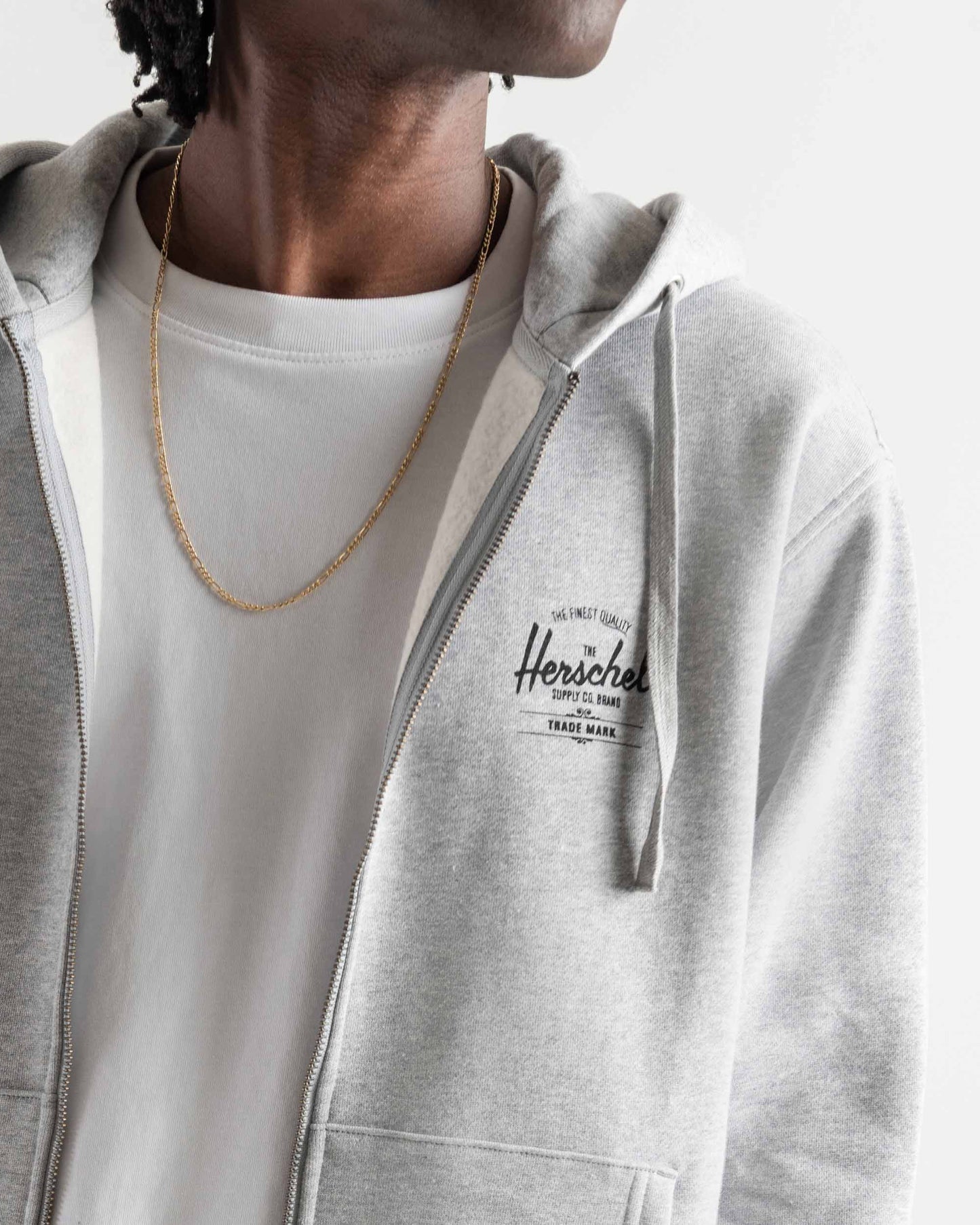Açık Gri Melanj - Siyah Herschel Basic, Logo Baskılı Erkek Pamuk Fermuarlı, Kapüşonlu Sweatshirt, Ribana Kol ve Etek Ucu