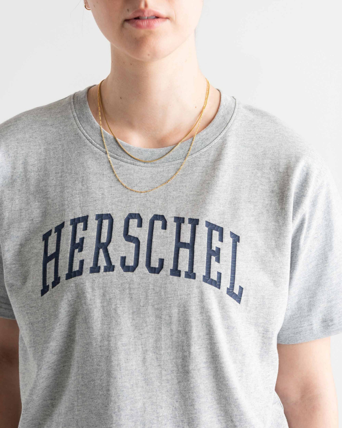 Gri Melanj - Lacivert Herschel Logolu Kadın Pamuklu Tişört