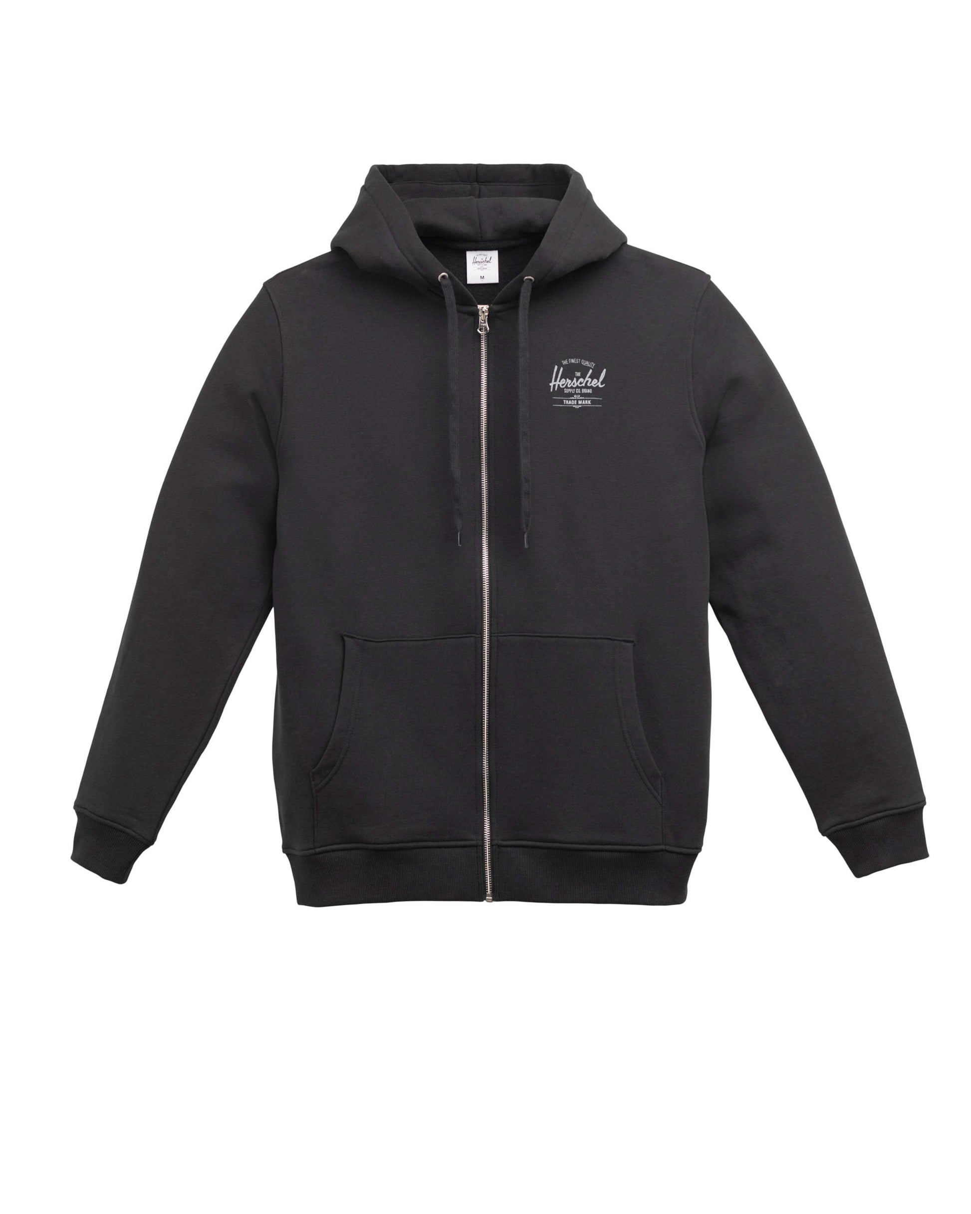 Siyah - Beyaz Herschel Basic, Logo Baskılı Erkek Pamuk Fermuarlı, Kapüşonlu Sweatshirt, Ribana Kol ve Etek Ucu