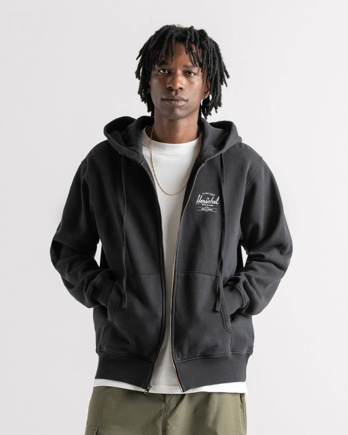 Siyah - Beyaz Herschel Basic, Logo Baskılı Erkek Pamuk Fermuarlı, Kapüşonlu Sweatshirt, Ribana Kol ve Etek Ucu