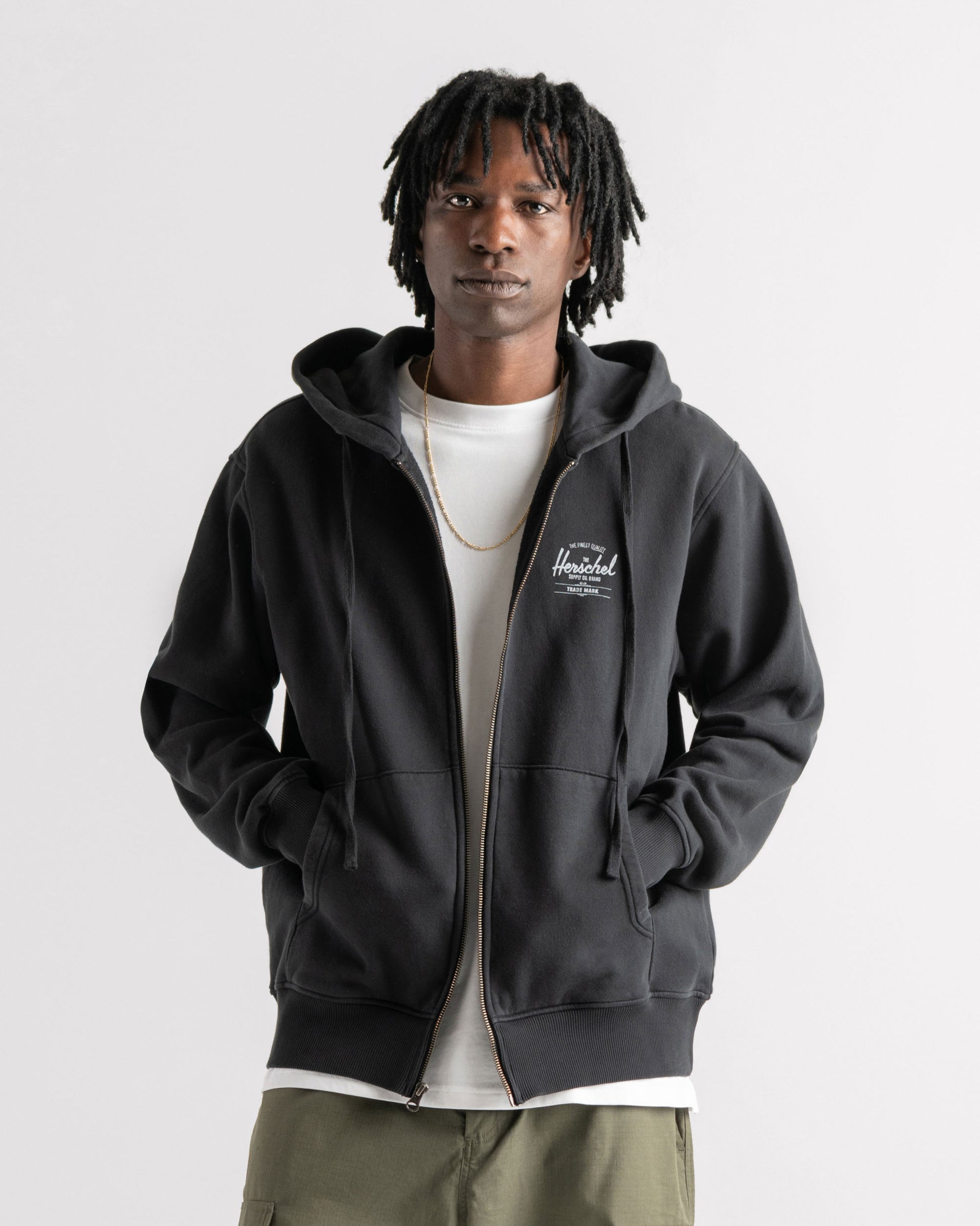 Siyah - Beyaz Herschel Basic, Logo Baskılı Erkek Pamuk Fermuarlı, Kapüşonlu Sweatshirt, Ribana Kol ve Etek Ucu