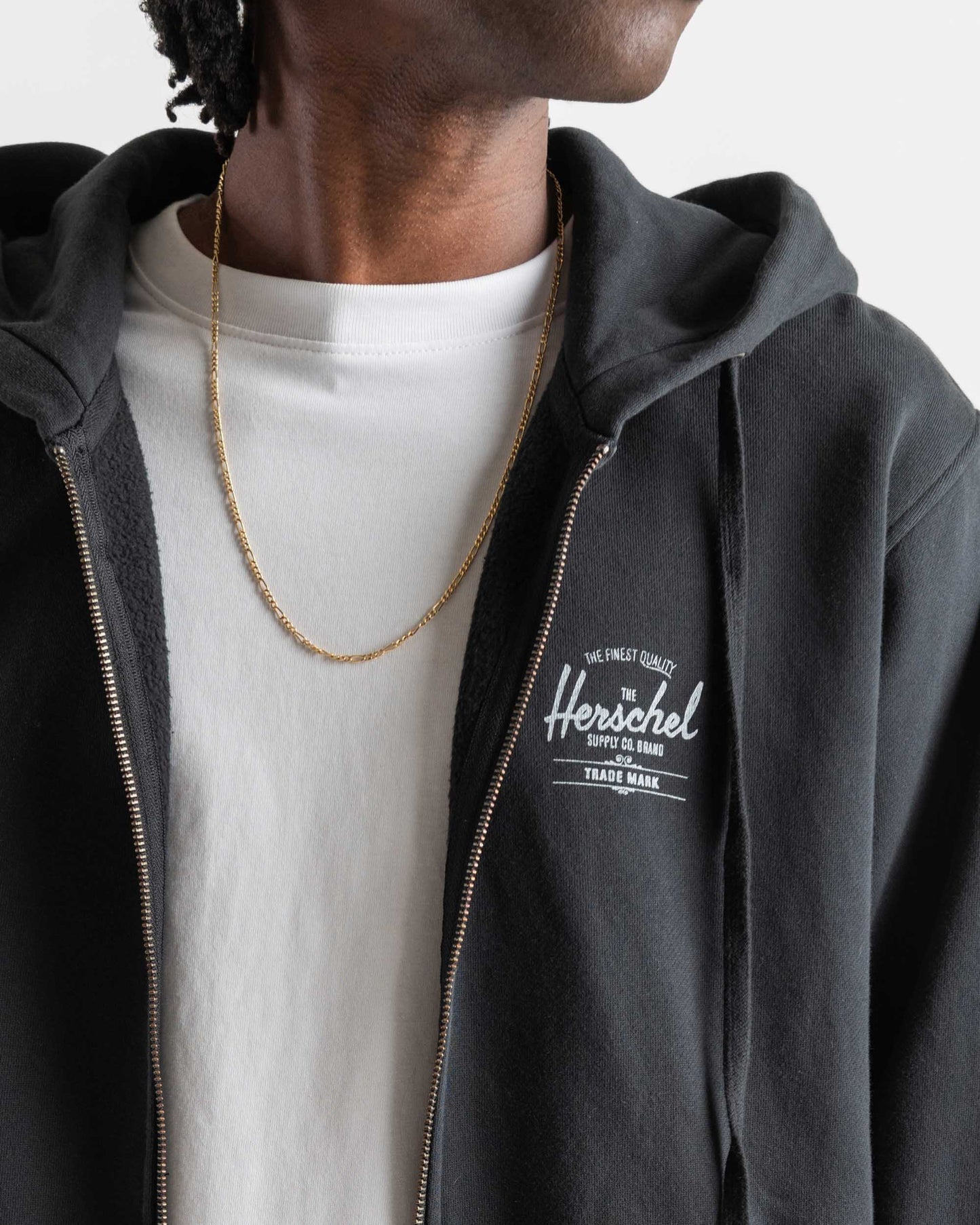 Siyah - Beyaz Herschel Basic, Logo Baskılı Erkek Pamuk Fermuarlı, Kapüşonlu Sweatshirt, Ribana Kol ve Etek Ucu