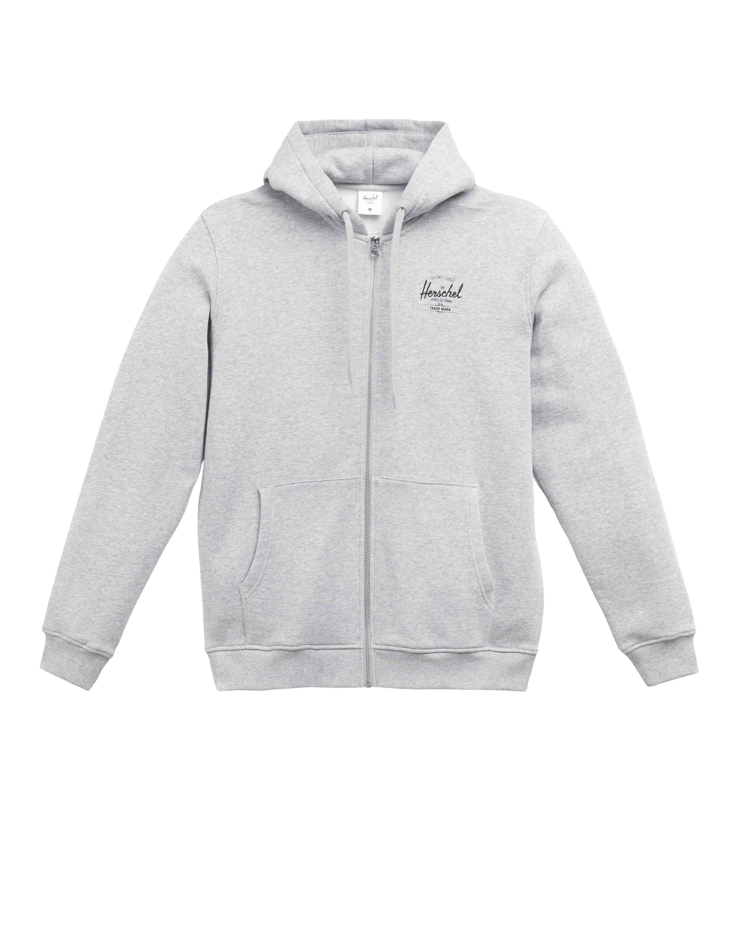 Açık Gri Melanj - Siyah Herschel Basic, Logo Baskılı Erkek Pamuk Fermuarlı, Kapüşonlu Sweatshirt, Ribana Kol ve Etek Ucu