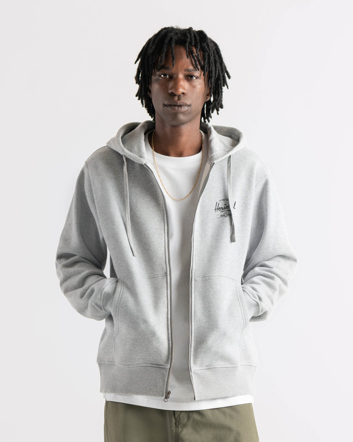 Açık Gri Melanj - Siyah Herschel Basic, Logo Baskılı Erkek Pamuk Fermuarlı, Kapüşonlu Sweatshirt, Ribana Kol ve Etek Ucu