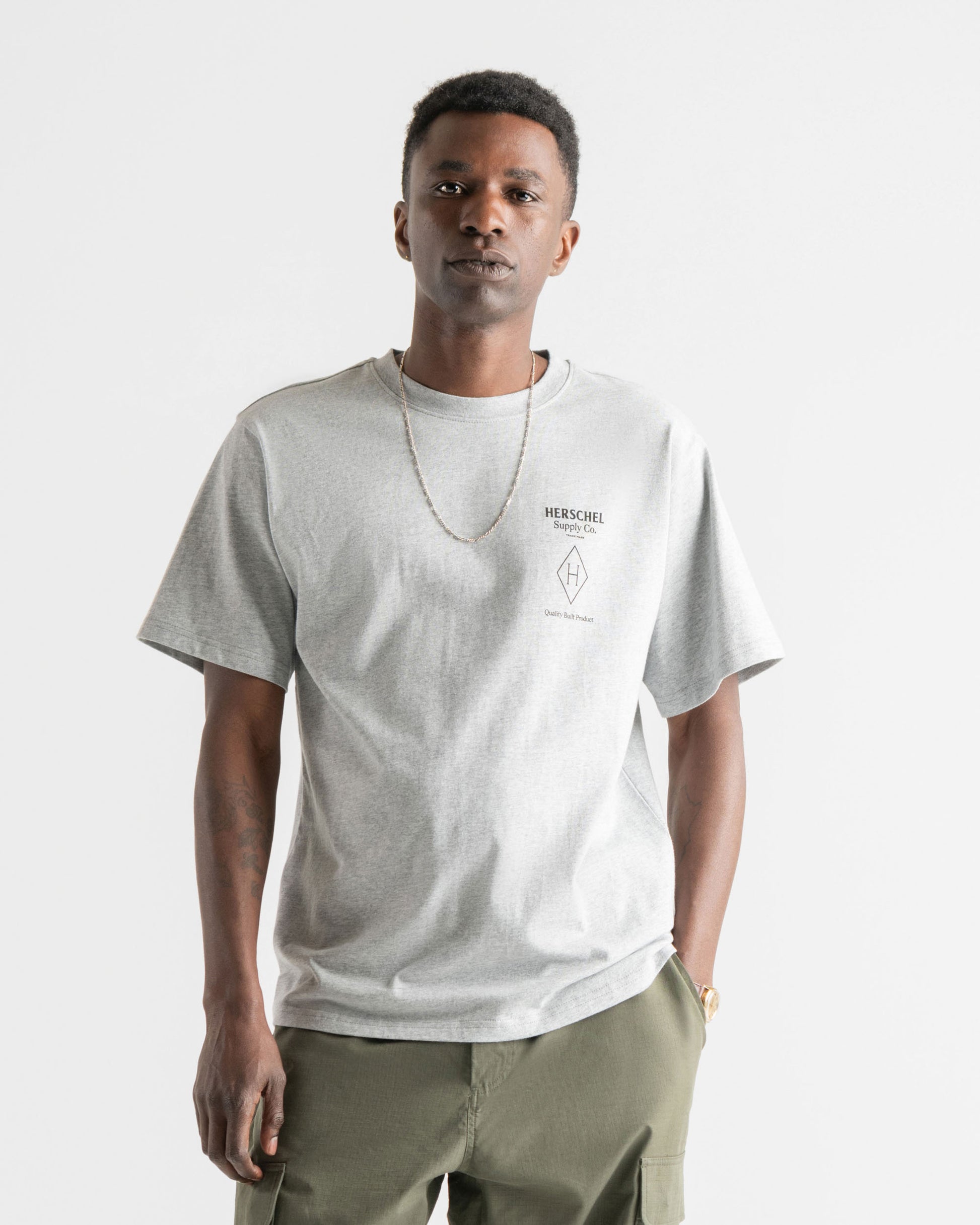 Açık Gri Melanj - Siyah Herschel Mt. HSC Rip Collar Erkek Tshirt